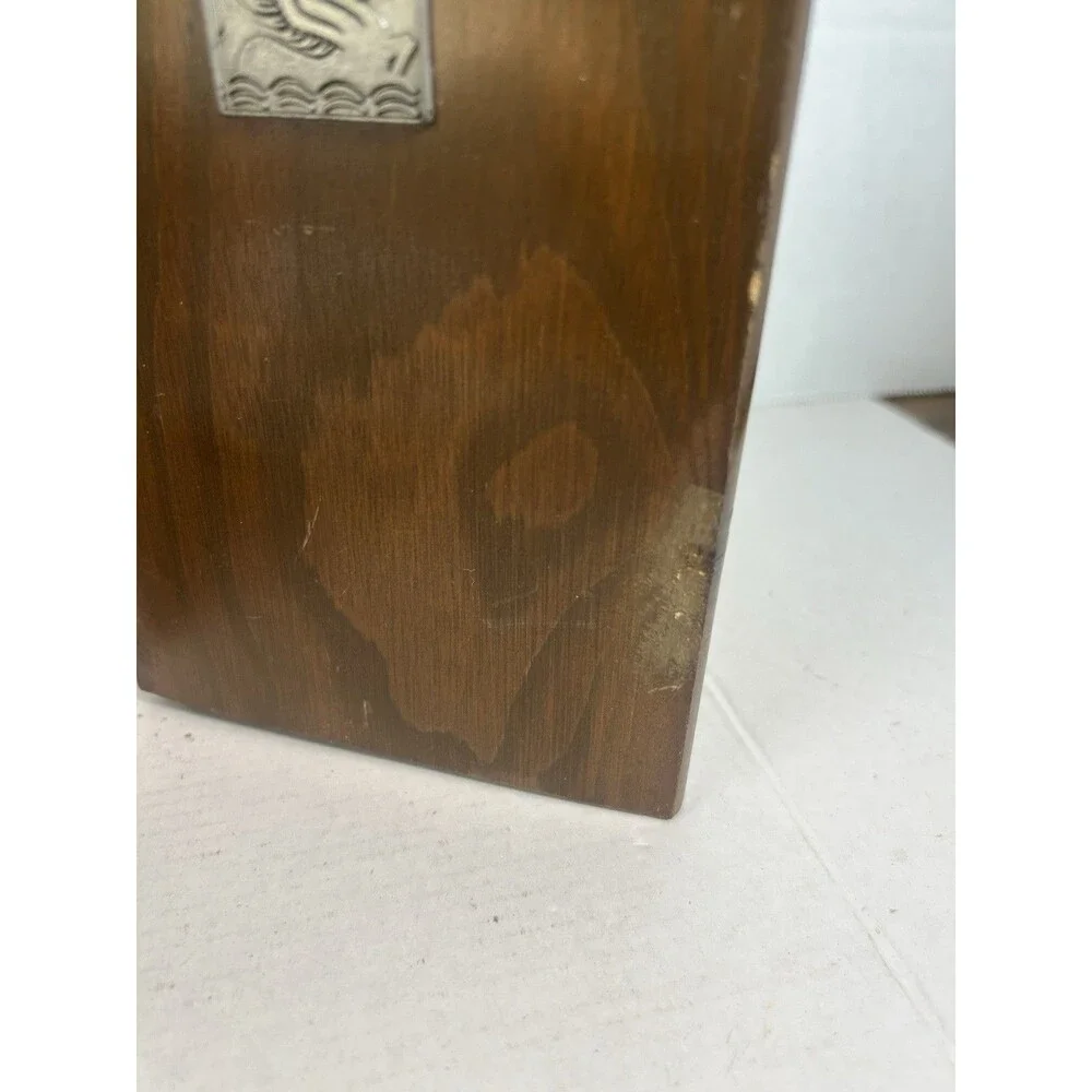 Pegasus Wood Bookends Mid Century Metal Inlay Horse 6.75” Tall Vintage Set of 2